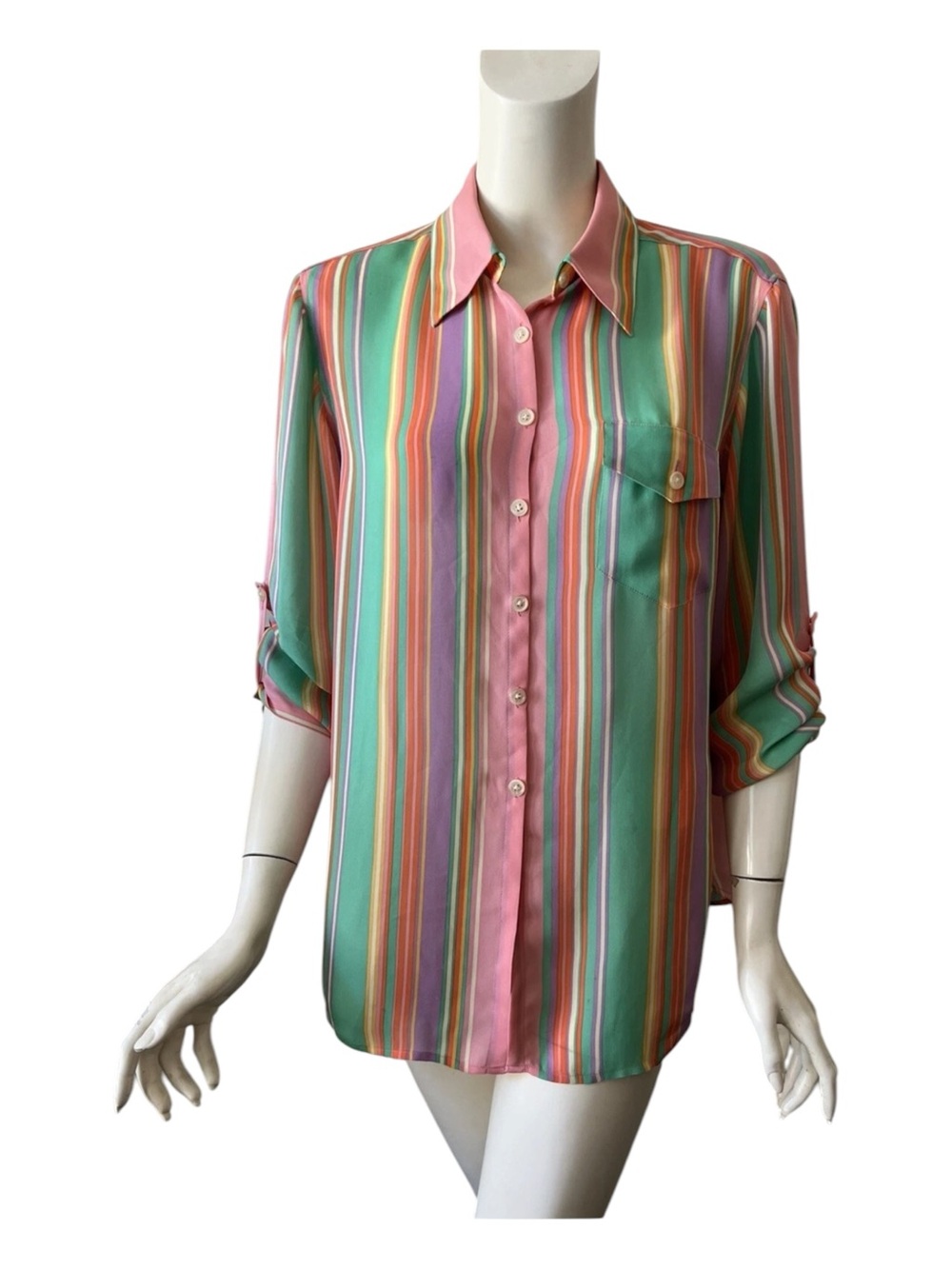 Ralph Lauren Petite Pink and Green Multi-Stripe Silk Shirt
